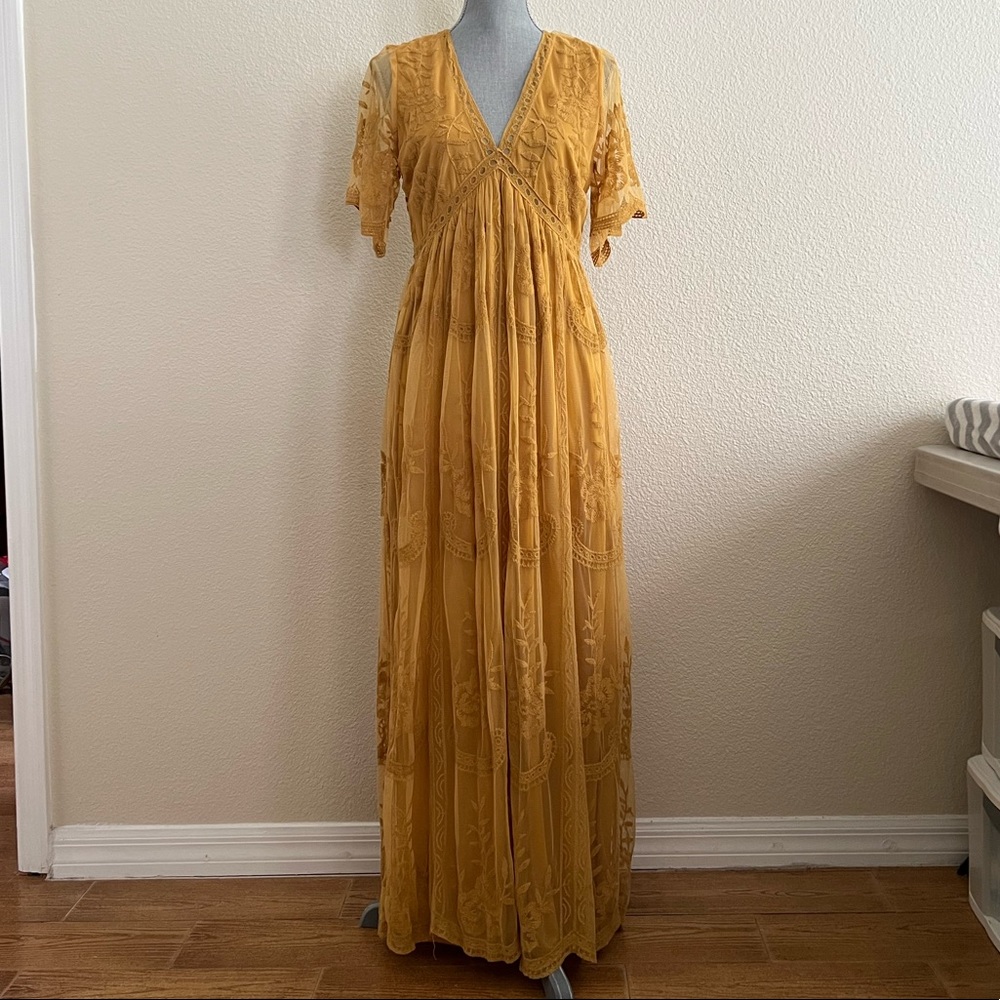 Pinkblush Mustard Lace Mesh Overlay Maternity Maxi Dress